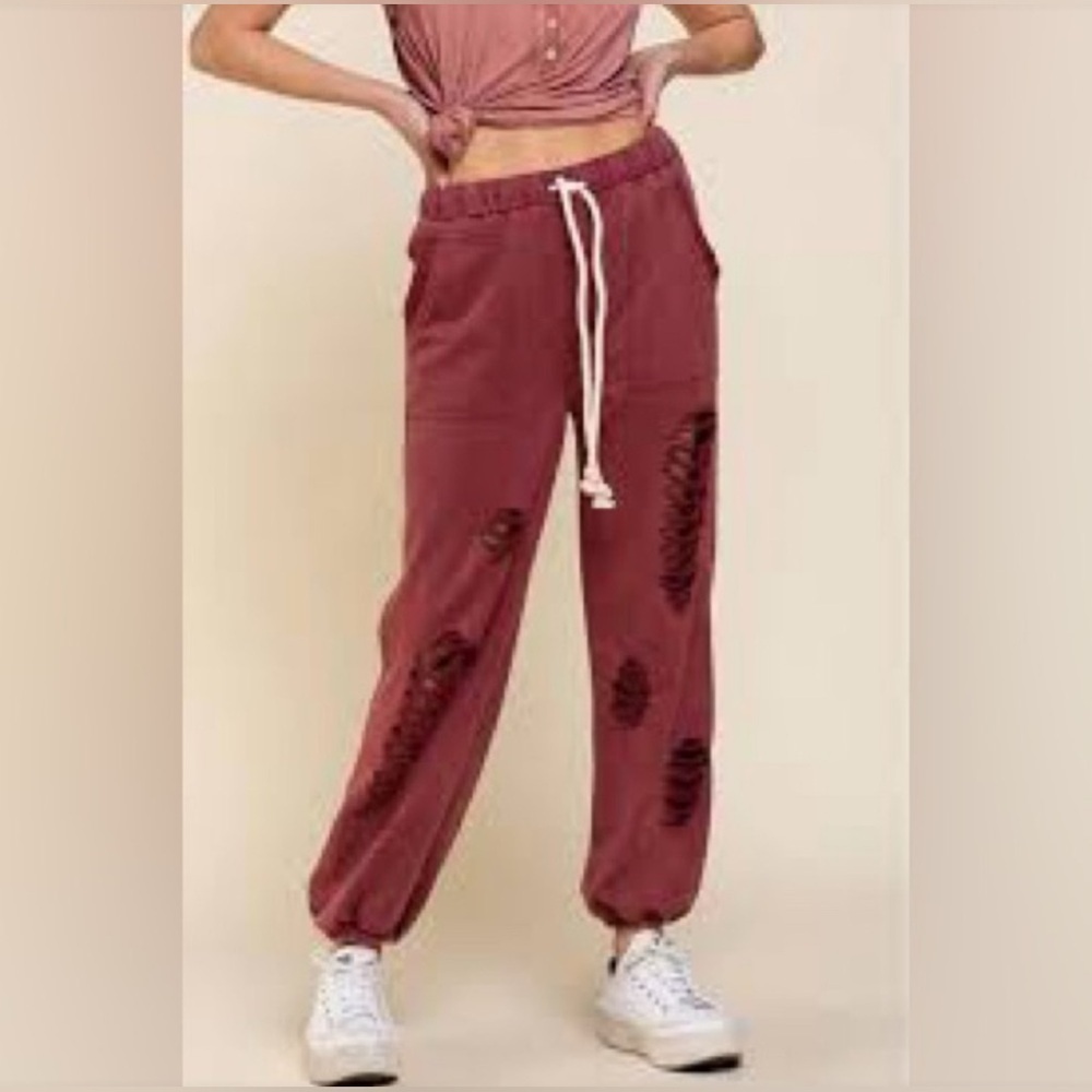 POL SM Distressed Torn Ripped Burgundy Joggers NWOT Grunge Streetwear Hip Hop